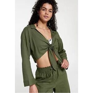 CALIA Women's Tie Front Long Sleeve Beach Shirt Green Sz Medium